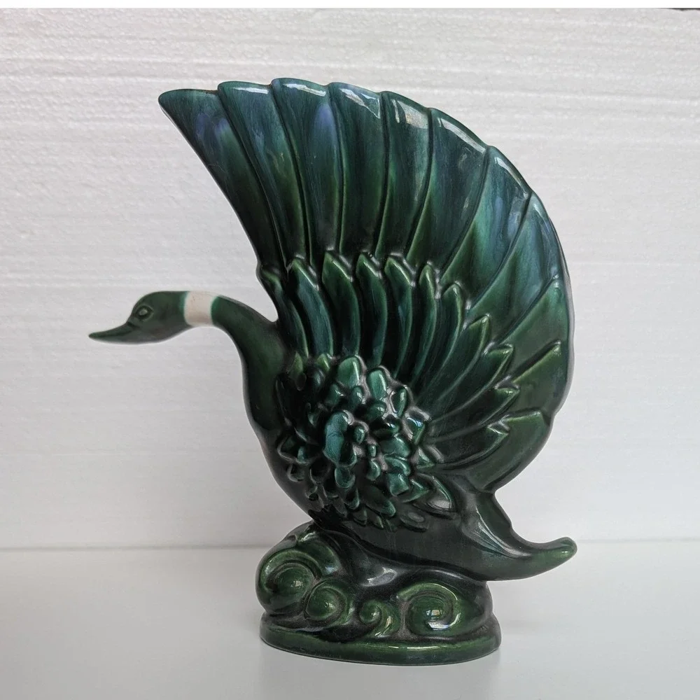 Royal Haeger Ceramic Ring Neck Duck Vase Green Drip Glaze Bird Decor MCM